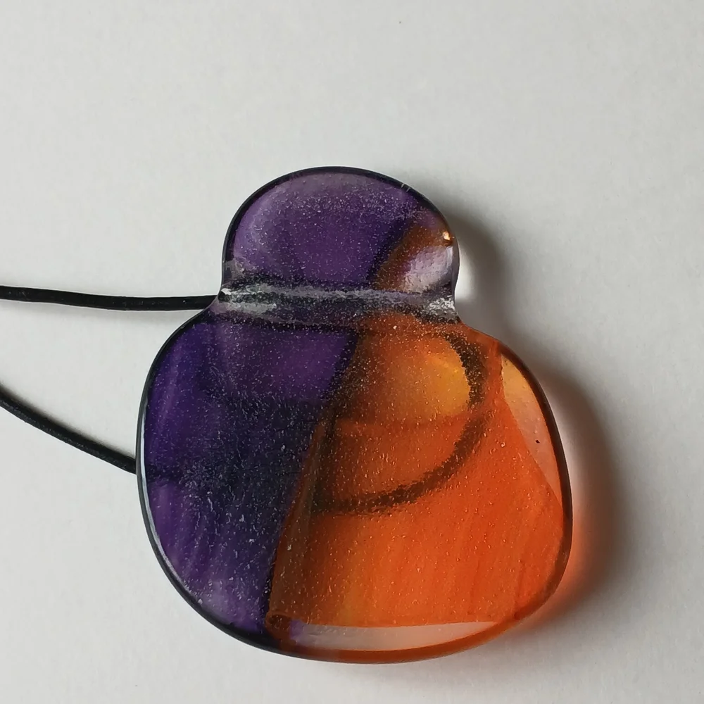 Vng Glass Pendant Orange Purple Unique Bold Statement Necklace on Black Cord 925 - Picture 3 of 8